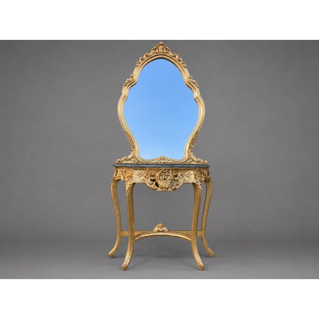 1920 French Artisan Louis XVI Gold Marble Console With Mirror Set - 2 Pc For Sale - Image 9 of 12