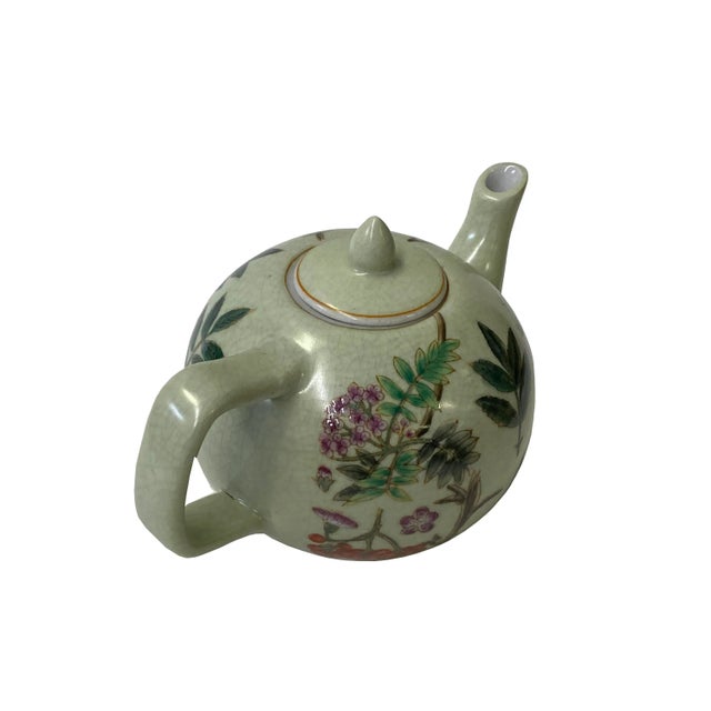 Asian Crackle Pattern Light Green Porcelain Flowers Teapot Shape Display For Sale - Image 3 of 6