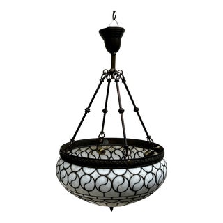 1920s Leaded Glass and Brass Hanging Bowl Pendant For Sale