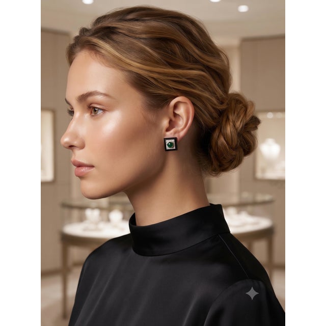 Onyx Natural Emerald, Black Onyx, & Diamond Earring in 14k Gold For Sale - Image 8 of 8