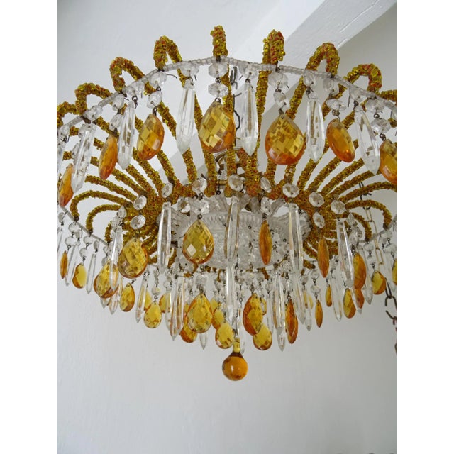 Amber 1 of 2 Italian Micro-Beaded Yellow Amber Flush Mount Crystal Prisms Chandelier For Sale - Image 8 of 12