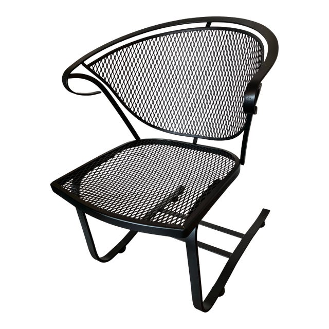 1960s Mid Century Salterini Style Wrought Iron Mesh Outdoor Rocker Chair For Sale