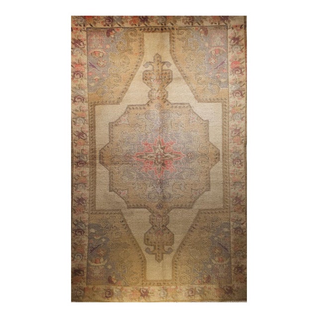 Vintage Turkish Oushak Area Rug, Hand Knotted Wool, Ivory & Pink, 5' x 7' For Sale
