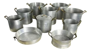 Mid-Century Aluminum and Brass Saucepans, Baking Tray and Sieve, 1940s, Set of 10
