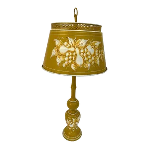 Vintage 20th Century Americana Tole Ware Hand Painted Yellow & Gold "Pears and Flowers" Metal & Glass Table Lamp