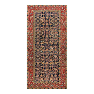 Red Quatrefoil Rosette Herati Pattern in a Navy Blue Ground Antique Persian Joshaghan Rug