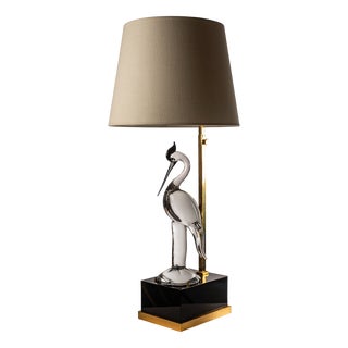 Italian Table Lamp in Murano Glass and Brass with Heron Figure, 1970s For Sale