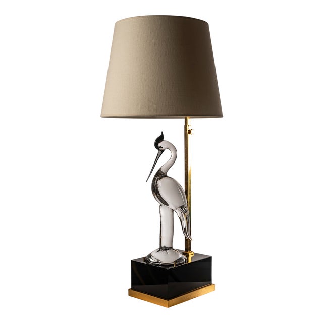 Italian Table Lamp in Murano Glass and Brass with Heron Figure, 1970s For Sale