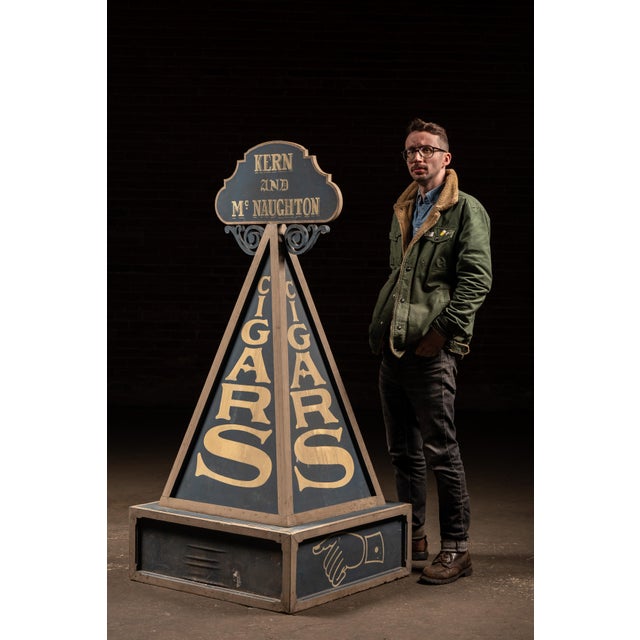 Large freestanding wooden trade sign advertising "CIGARS," constructed in a tapered, pyramidal form with four painted...