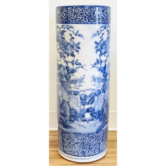 Vintage Chinoiserie Ceramic Blue and White Floral Motif Umbrella Stand For Sale - Image 4 of 10