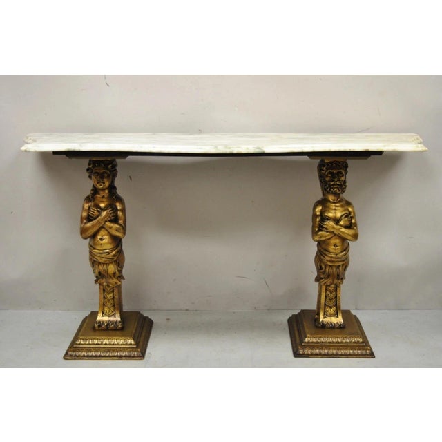 Vintage French Renaissance Victorian Style Gold Figural Marble Top Console Table For Sale - Image 12 of 12