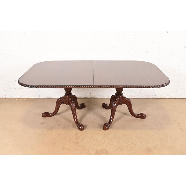 Wood Baker Furniture Style Chippendale Carved Mahogany Triple Pedestal Extension Dining Table, Newly Refinished For Sale - Image 7 of 12