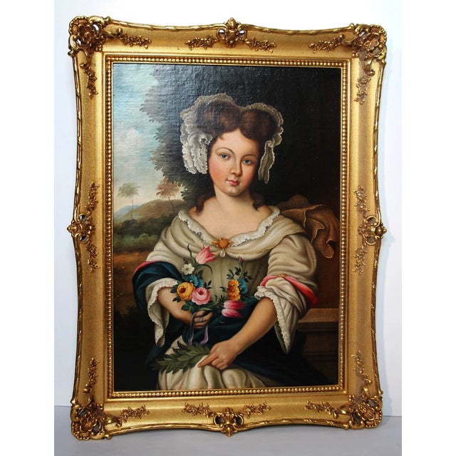 Ivory Young Girl with Florals, Early 1800s, Oil on Canvas For Sale - Image 8 of 18
