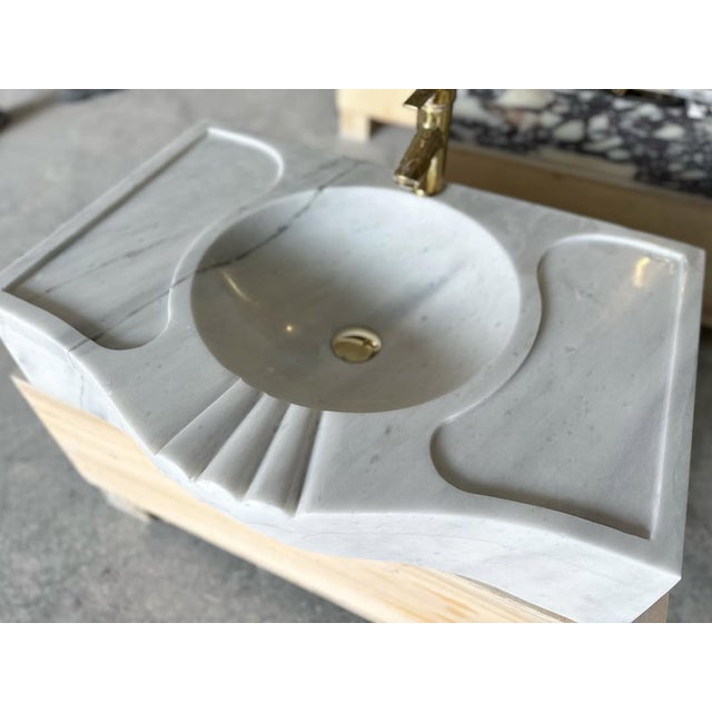 Mid-Century Modern Carved Carrara Floating Sink For Sale - Image 3 of 5