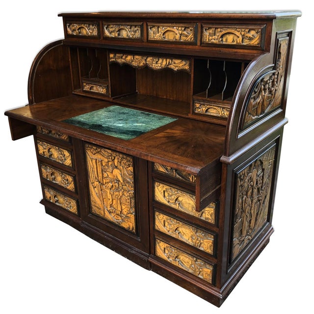 Asian Japanese Export Carved Rolltop Secretary Desk W Chair Chairish