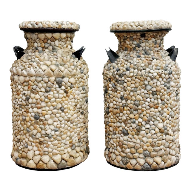 Large Antique Shell Encrusted Milk Jugs, a Pair For Sale