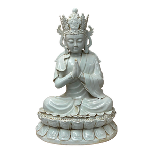 Pale Celadon White Anjali Mudra GuanYin Bodhisattva Tong Style Porcelain Statue
