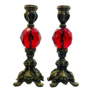 Mid 20th Century Red Faceted Baroque Inspired Candlesticks-a Pair For Sale