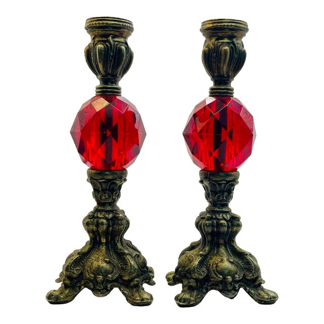 Mid 20th Century Red Faceted Baroque Inspired Candlesticks-a Pair For Sale