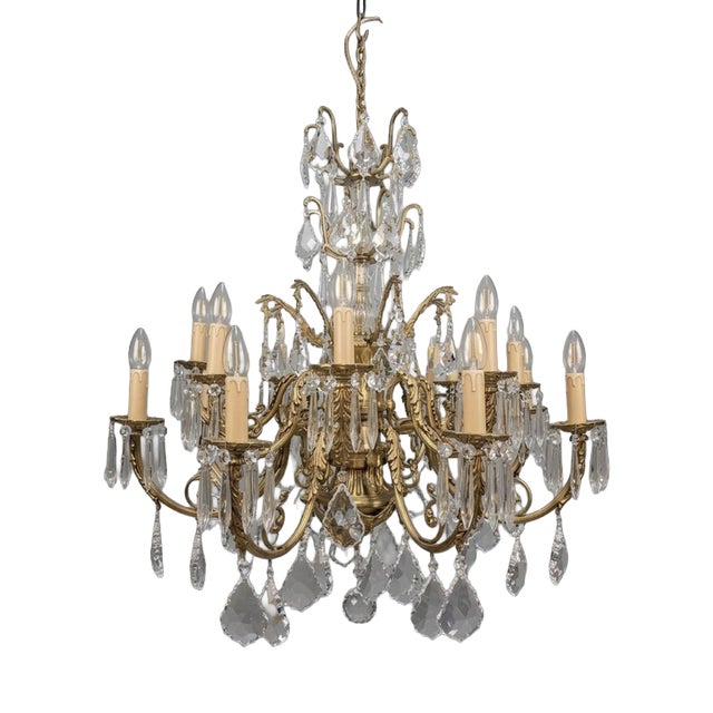 French Brass and Crystal 16 Light Chandelier For Sale