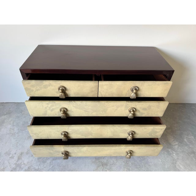 This striking vintage commode by Jimeco LTD designed in the style of Karl Springer and Enrique Garcel, showcases the...