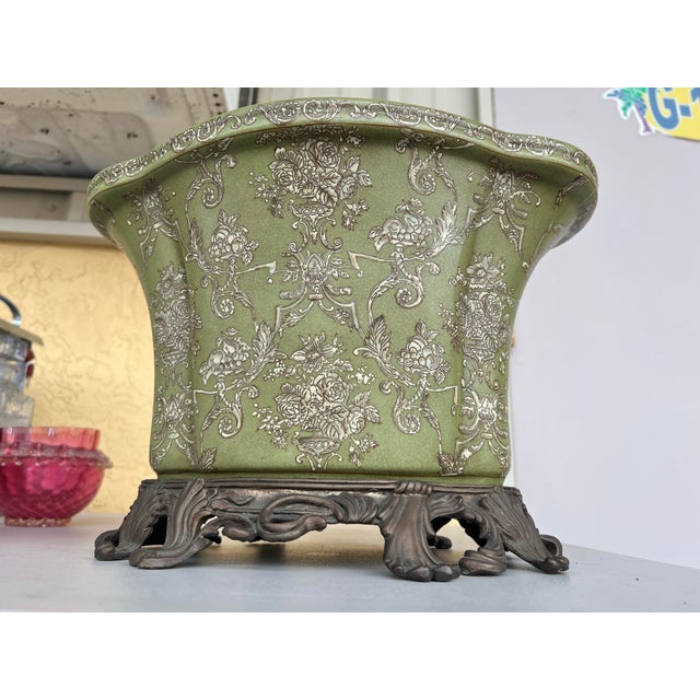 Asian Antique Green Porcelain Crackle Glaze Bowl / Brass Footed Cache Pot / Jardiniere For Sale - Image 3 of 9