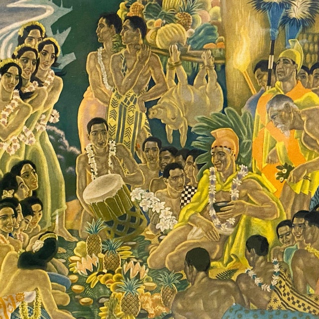 Wood 1930s Eugen Savage "Festival of the Sea" Lurline Matson Lines Print in Bamboo Frame For Sale - Image 7 of 7