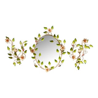 20th Century Italian Tole Flower Mirror and Wall Candle Sconces - 3 Piece Set For Sale
