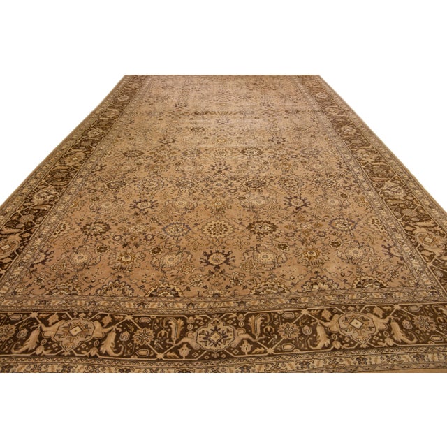 Persian 1920s Oversize Antique Tabriz Handmade Allover Designed Brown Persian Wool Rug For Sale - Image 3 of 8
