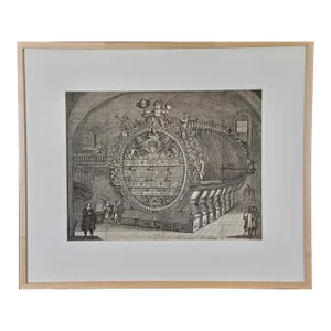 The Heidelberg Tun: A Framed 17th Century Engraving of a Huge Wine Cask, 1664-90