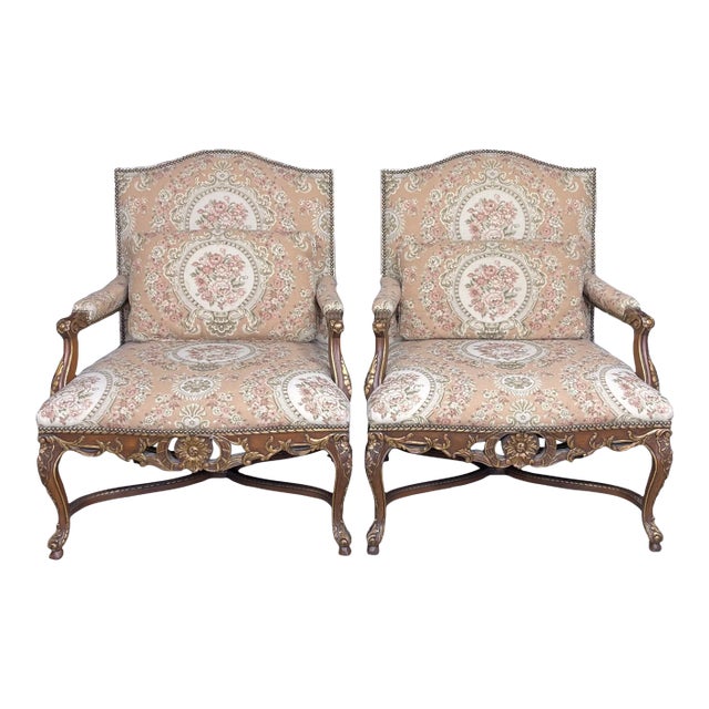 Pair of Ej Victor French Style Open Arm Library Chairs With a Floral Print Fabric For Sale