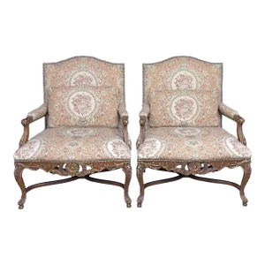 Pair of Ej Victor French Style Open Arm Library Chairs With a Floral Print Fabric
