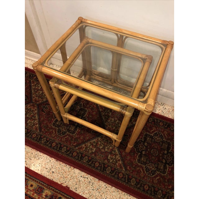 Vintage MCM Boho Rattan Bamboo Glass Wicker Nesting Tables For Sale - Image 4 of 4