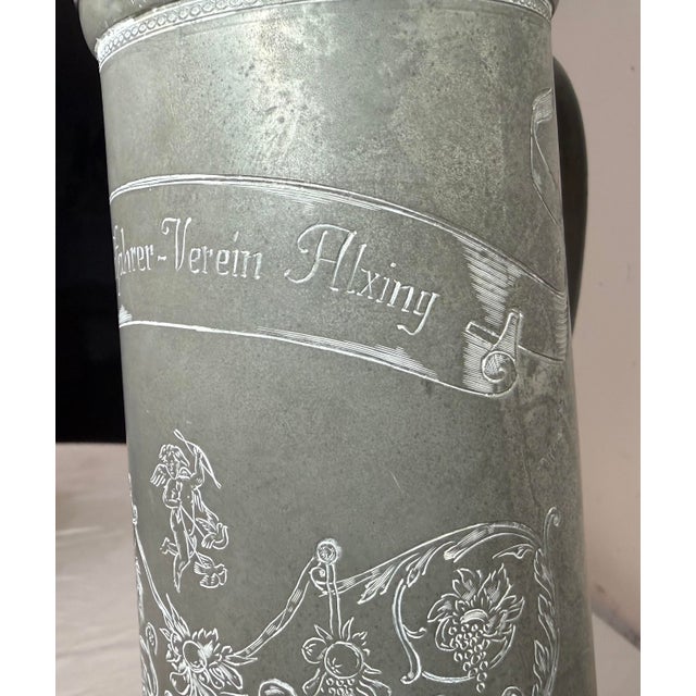 19th Century Large Antique Ornate German Cycling Trophy Award Pewter Lidded Stein Tankard For Sale - Image 11 of 18