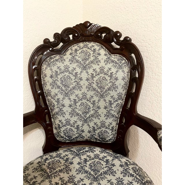 French Louis XV Style Bergere Carved Wood and Blue and Dark White Designed Upholstered Chair Vintage For Sale - Image 3 of 16