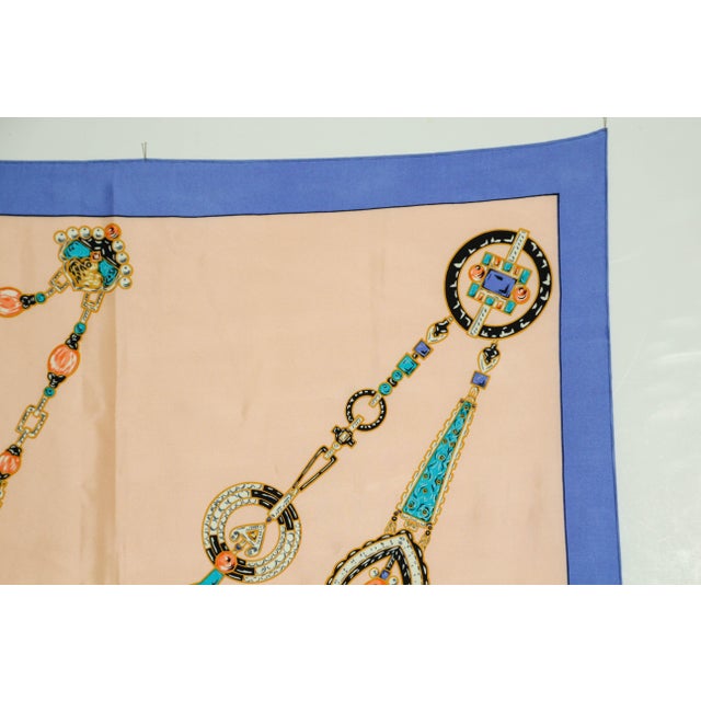 CARTIER Silk Scarf Blue and Salmon Precious Jewels New in Box Paris France For Sale In Palm Springs - Image 6 of 12