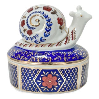 Vintage Style Porcelain Snail Trinket Box – Blue and Gold Decorative Tabletop Object For Sale