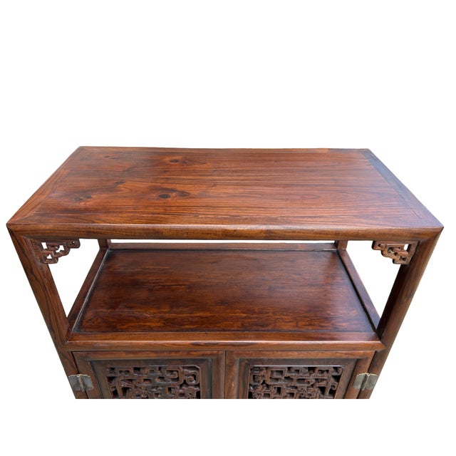 Wood Chinese Open Carving Narrow Wood Grain Brown Side Table Cabinet For Sale - Image 7 of 11