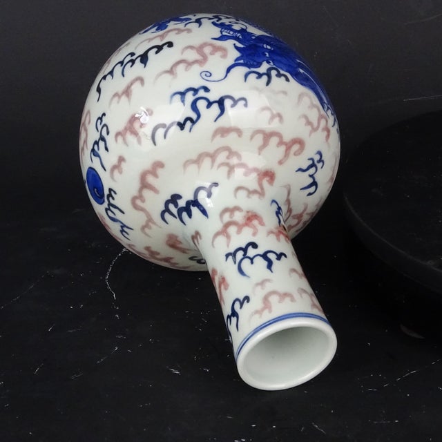 Early 20th Century Chinese Vintage Ceramic Vase,Blue and White Underglaze Red Porcelain Tianqiu Vase Hand Painted Cloud Dragon Pattern For Sale - Image 5 of 7