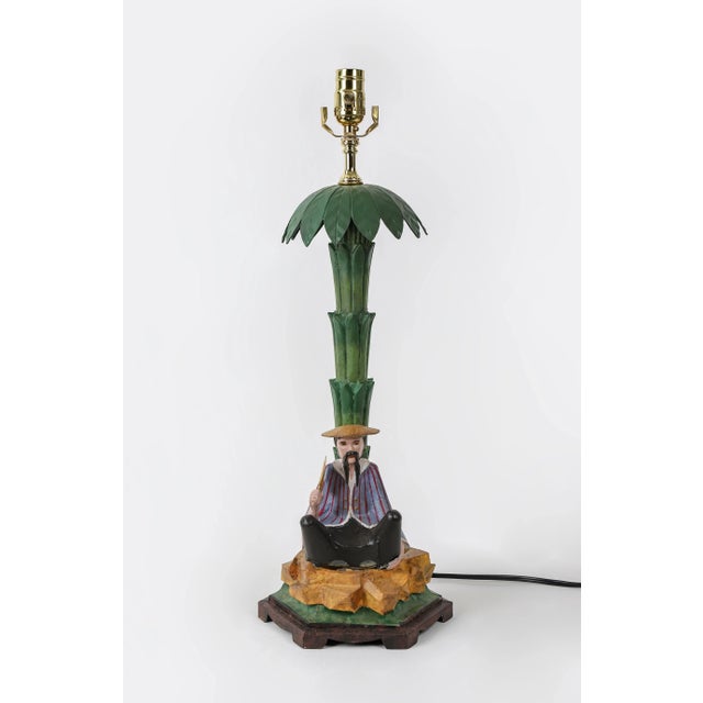 Vintage Chinoiserie Tole Palm Tree Lamp With Man Sitting Under Tree For Sale - Image 11 of 11
