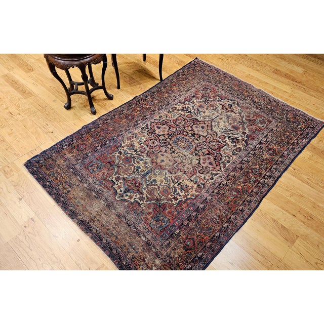 19th Century Persian Kashan Rug, Hand-Knotted Wool, Floral Pattern, Ivory & Saffron,5x7 For Sale - Image 4 of 16
