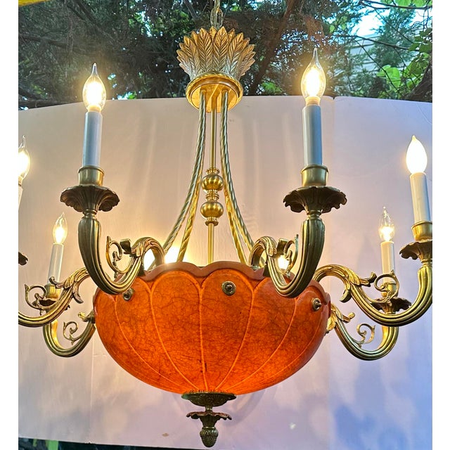 Large 1980s 12-Light Empire Style Chandelier With Alabaster Bowl For Sale - Image 9 of 12
