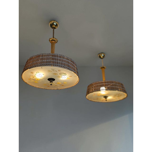 Brown Pendant Lights attributed to Paavo Tynell with Hand-Painted Glass Diffusers attributed to Kyllikki Salmenhaara for Taito Oy, Finland, 1940s, Set of 2 For Sale - Image 8 of 18