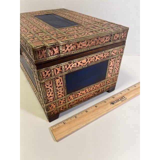 Vintage Indian Hand Made Wood & Mixed Metal Bound Hammered Copper & Brass Box For Sale - Image 9 of 9