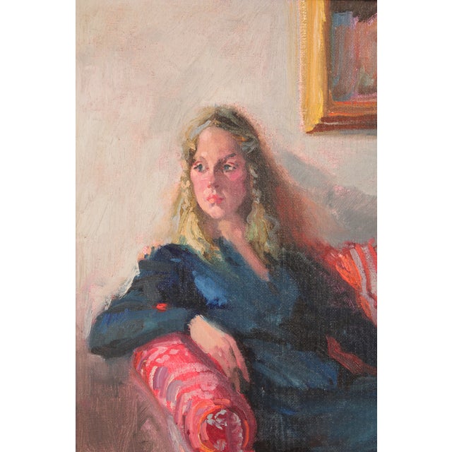 Paper Interior Painting of a Blonde Girl on a Red Sofa by Donald Putt Putman (1926-2007) For Sale - Image 7 of 11