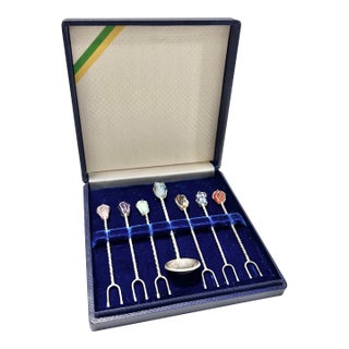 Vintage Semi-Precious Stone Cocktail Picks With Silver Coin Spoon & Presentation Box, Set of 7 For Sale
