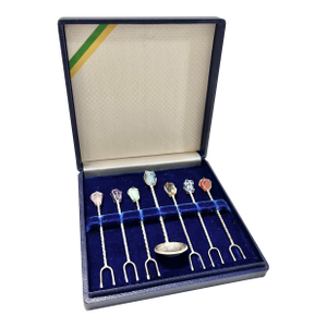 Vintage Semi-Precious Stone Cocktail Picks With Silver Coin Spoon & Presentation Box, Set of 7