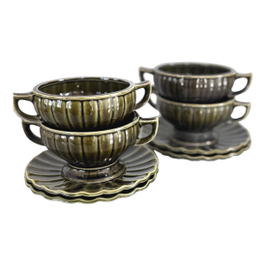 Vintage Green Double Handle Soup Bowls and Saucers Set of 4