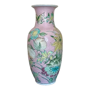 Vintage Mid 20th Century Pink Chinese Export / Macau Vase With Floral Motif