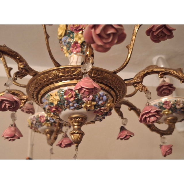 Mid-Century Modern Vintage Boho Six-Arm Chandelier in Ceramic and Gilt Brass For Sale - Image 3 of 10